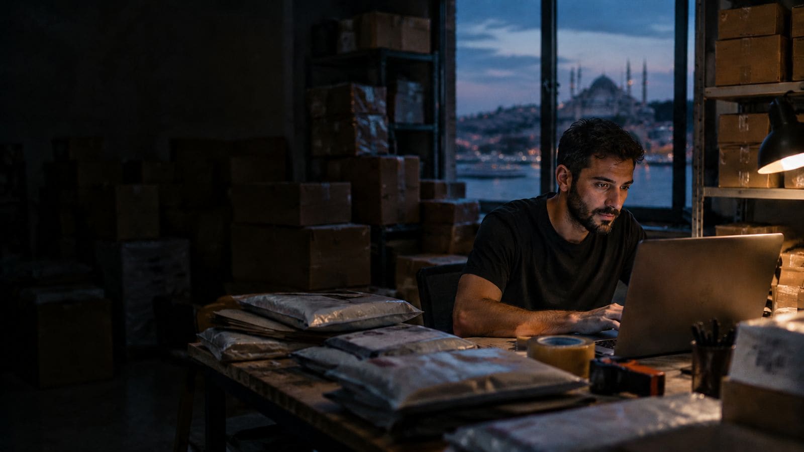 Ozon satıcısı deposunda dizüstü bilgisayarla çalışıyor